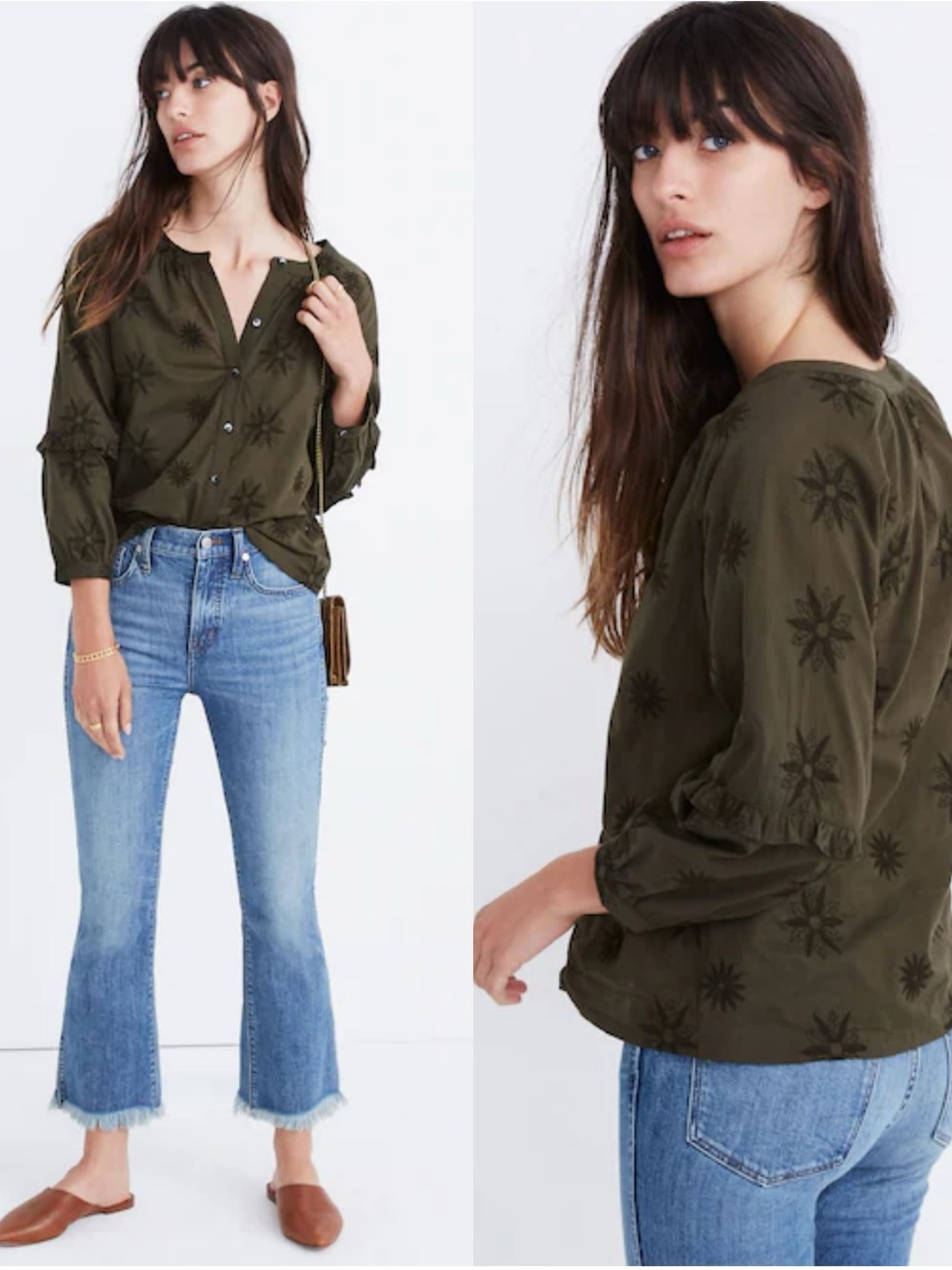 Madewell Embroidered Cotton Blouse M Olive Green Balloon Sleeve Boho Artsy